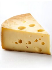 Piece of swiss cheese presenting holes on white background