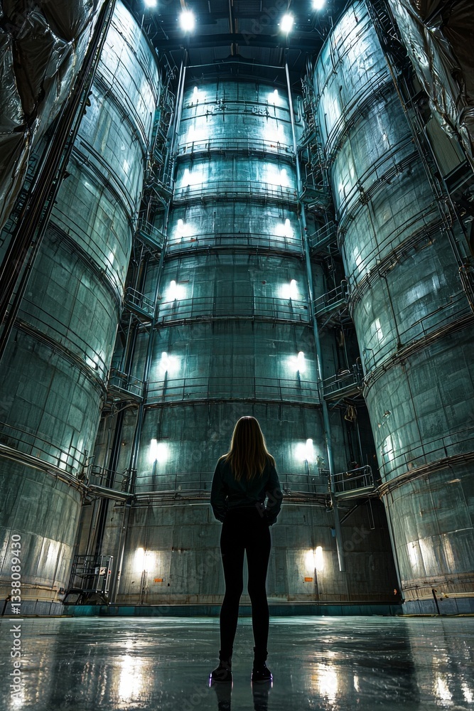 Poster a person stands in a vast, illuminated industrial space, surrounded by towering structures and brigh