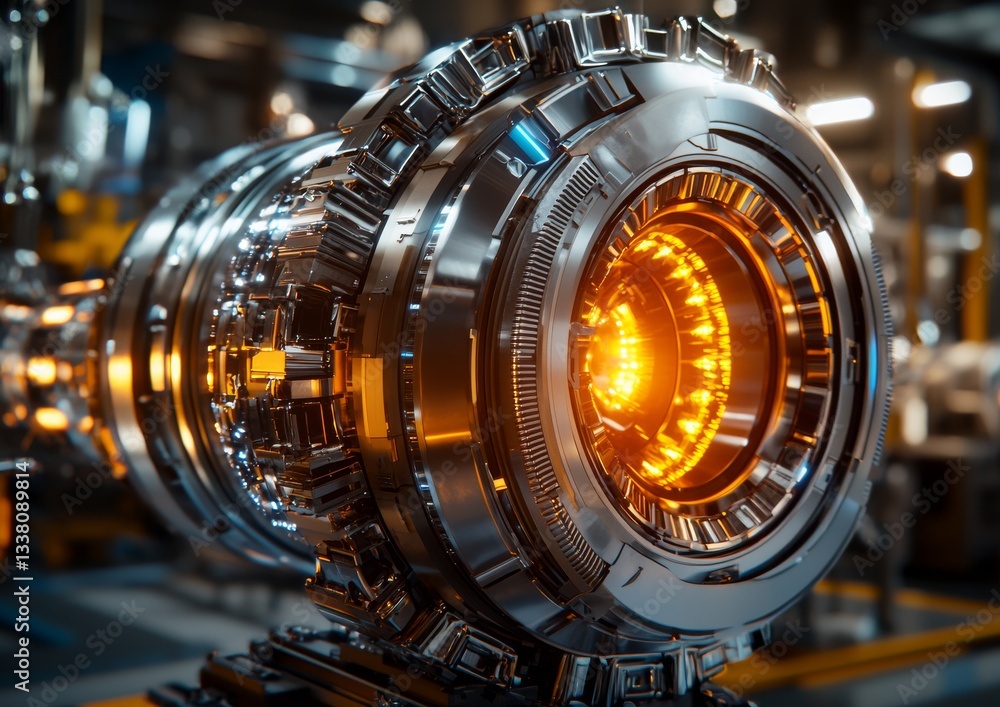 Poster a close-up view of a shiny, metallic engine component featuring intricate details and an orange glow