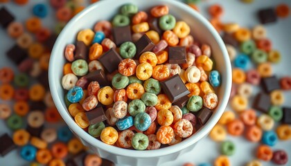 A white bowl filled with colorful cereal and chocolate pieces