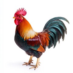 Fototapeta premium A vibrant rooster with glossy feathers, standing confidently, studio lighting, straight-on angle, isolated on white background 