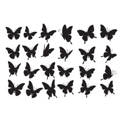 Flying butterflies silhouette black set isolated on White background