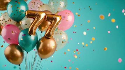 Colorful birthday balloons with golden 77 numbers, festive confetti, celebration theme, joyful party decoration, milestone birthday, vibrant atmosphere.