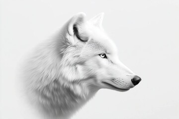 Obraz premium Arctic wolf side profile with thick white fur and blue eyes on a white background. Solitude and survival
