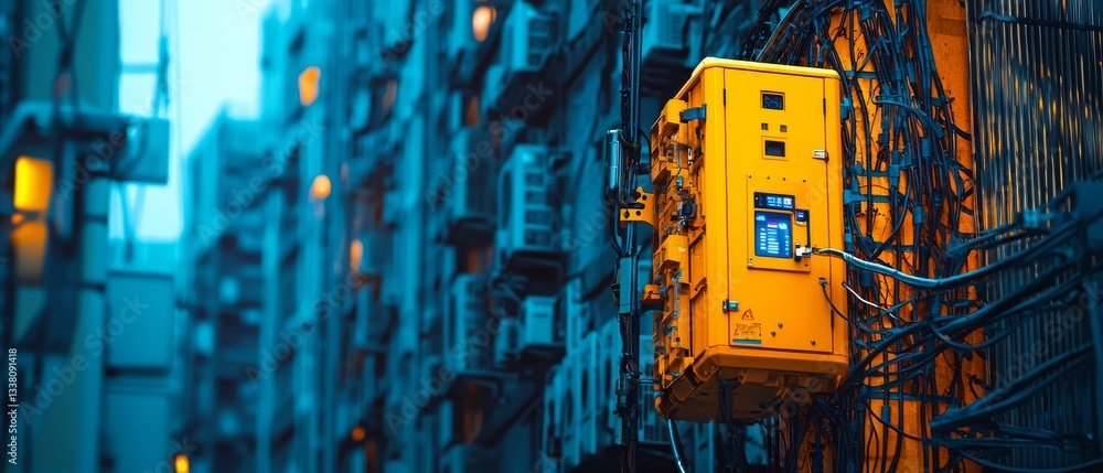 Poster a vibrant yellow utility box stands out against a backdrop of urban architecture, illuminated by sof