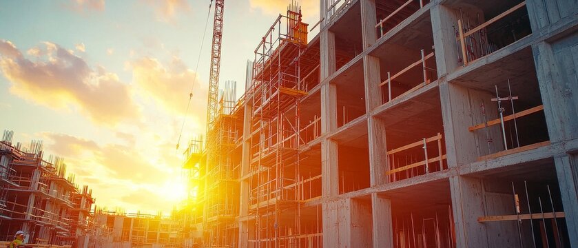 A construction site at sunset, featuring a building structure and cranes, highlighting the progress and energy of urban development.
