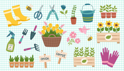 Set of spring and garden concept cliparts. Collection of garden tools and seedlings isolated on a checkered background. Vector illustration in a flat style.