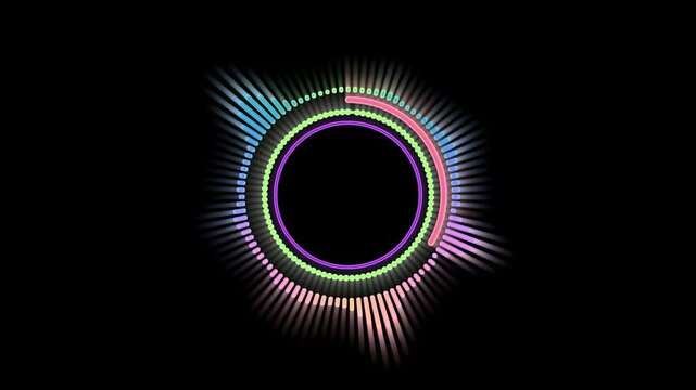 Abstract audio spectrum on sound wave on futuristic neon glowing circular equalizer wave, animation isolated on black background. 