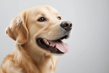 Golden retriever dog with friendly expression against a neutral gray background. Loyal pet, family companion