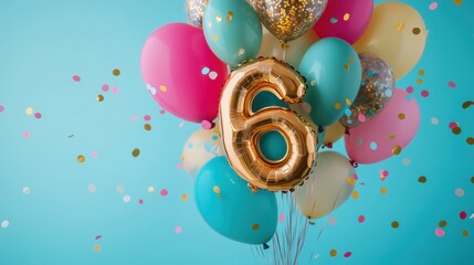 Colorful birthday balloons with gold number 6, festive celebrations, party decorations, fun atmosphere, childrens birthday, confetti, joy, happiness, party supplies.