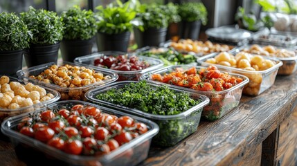 Fototapeta premium Assortment of fresh, prepared vegetables in clear plastic containers on a rustic wooden table.