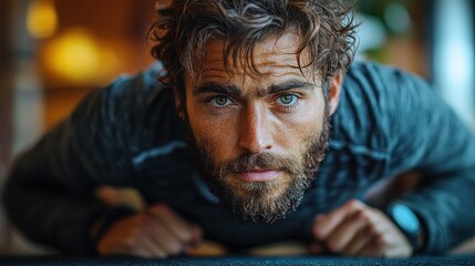 Fototapeta premium Close-up portrait of a handsome, athletic man with a beard performing a plank exercise.