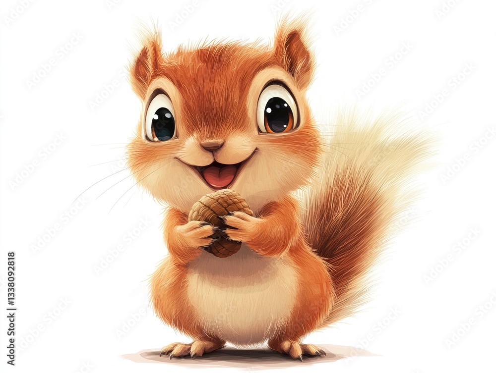 Poster a whimsical vector squirrel with oversized eyes and a mischievous grin, clutching an acorn while its