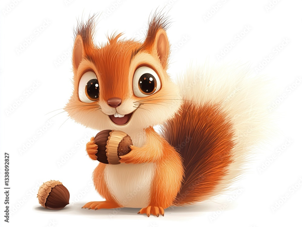 Poster a whimsical vector squirrel with oversized eyes and a mischievous grin, clutching an acorn while its