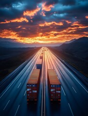 Obraz premium Trucks carrying cargo on highway at sunset