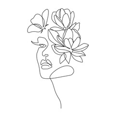 Continuous Line Drawing of Female Head with Flowers. Beauty Vector Concept for Minimalist Design. Floral Woman Portrait Creative Line Art Drawing. 