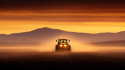 Tractor working in a dusty field at sunset