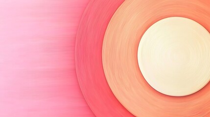 A minimalist abstract artwork featuring concentric circles in warm colors, with a central light circle against a soft pink background.