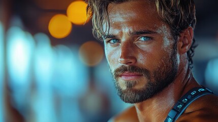 Fototapeta premium Close-up portrait of a handsome, sweaty man with blue eyes and a beard.