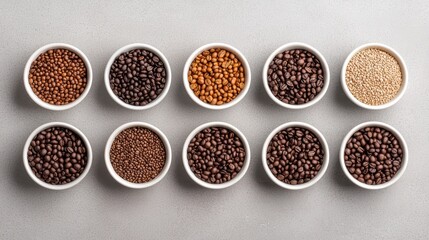Fototapeta premium Variety of Coffee Beans and Seeds in Bowls
