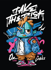 A bold and edgy graffiti-style vector artwork featuring a streetwear-inspired character. The hand-drawn details, vibrant color palette, and modern urban aesthetic make it perfect for T-shirt designs, 