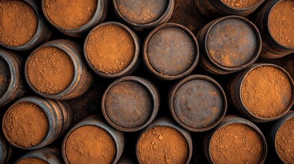 Overhead view of stacked barrels filled with orange soil