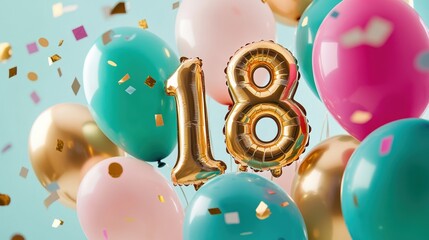 Colorful balloons with golden number 18, confetti celebration for birthday party, festive decorations, vibrant atmosphere, joyful moments, milestone celebration.