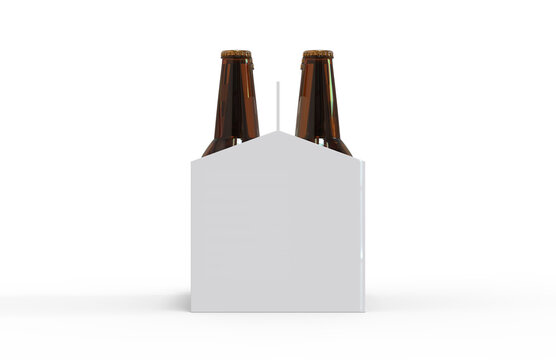6 pack beer carrier mockup template, six pack of beer bottle kraft packaging holder on white background, 3d illustration.