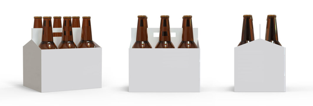6 pack beer carrier mockup template, six pack of beer bottle kraft packaging holder on white background, 3d illustration.