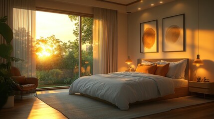 Sunrise Bedroom Bliss: Luxurious Morning in a Modern Home