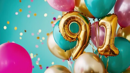 Colorful balloons with gold number 91, festive celebration, birthday party decoration, joyful moments, confetti, vibrant atmosphere, special occasion, fun.