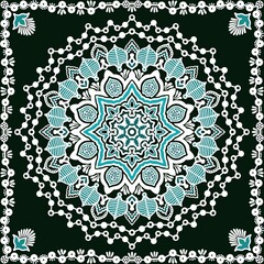 Sky blue and white mandala on black background 