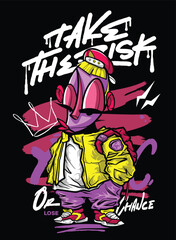 A bold and edgy graffiti-style vector artwork featuring a streetwear-inspired character. The hand-drawn details, vibrant color palette, and modern urban aesthetic make it perfect for T-shirt designs, 