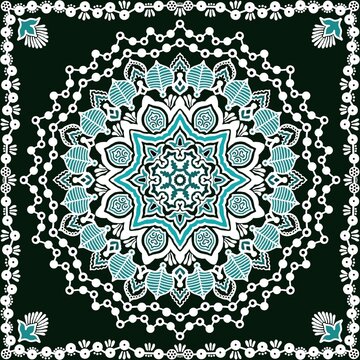 Sky blue and white mandala on black background 