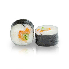 Japanese maki roll with salmon, on a white background, isolated.