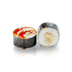 Japanese maki roll with eel and teriyaki sauce, on a white background, isolated.