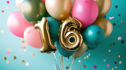 Colorful balloons with gold number 16, festive celebration, birthday party, vibrant decor, event planning, party supplies, cheerful atmosphere, fun celebration.