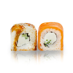 Japanese Philadelphia roll and roll with eel, on a white background, isolated.