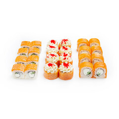 Set of Japanese rolls, assortment of different Japanese rolls, on a white background, isolated.