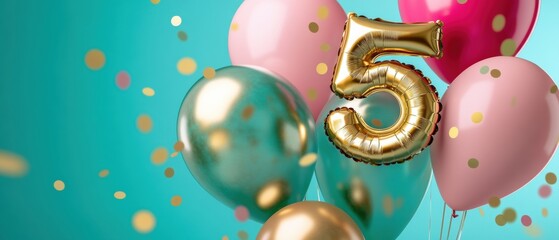 Colorful balloons with gold number 5, festive birthday celebration, party decorations, childrenâ€™s party theme, joyful atmosphere, confetti background, fun event.