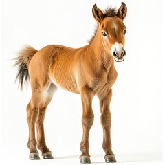 Obraz premium A young foal standing with perked ears, silky mane detailed, warm lighting, three-quarter angle, white backdrop. 