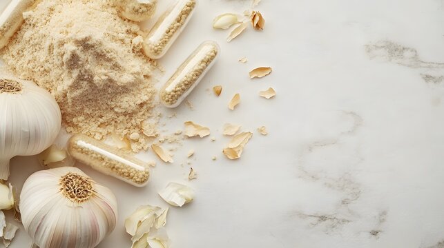 Garlic powder capsules and whole garlic bulbs