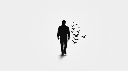 Obraz premium Silhouette of a man walking with birds flying around. Freedom concept