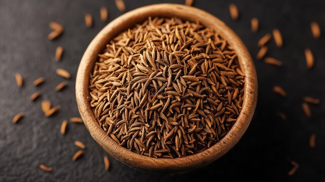 Close-up of cumin seeds in a wooden bowl