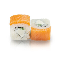Japanese Philadelphia roll with salmon and cheese, on a white background, isolated.