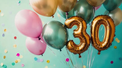 Colorful balloons with glittering confetti, festive 30th birthday celebration, party decorations, joyful atmosphere, milestone event, cheerful party vibes.