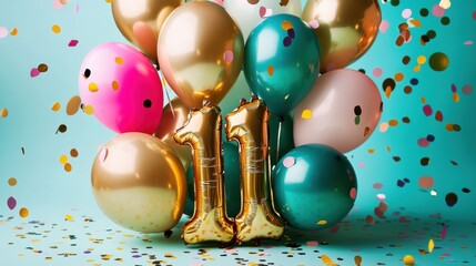 Colorful balloons with confetti, celebrating birthday party, festive decorations, number 11, joyful atmosphere, party planning, kids celebration, vibrant theme.