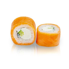 Japanese Philadelphia roll with salmon and cheese, on a white background, isolated.