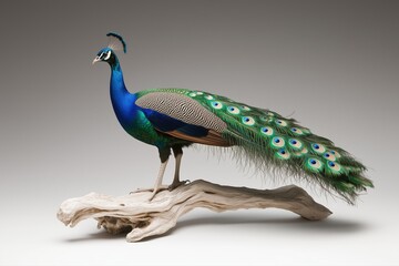Naklejka premium Majestic peacock standing on driftwood with fully visible tail. Symbol of beauty, elegance, luxury