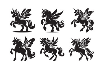 Set of cartoon style fairy horse Silhouette icon , isolated on a white background